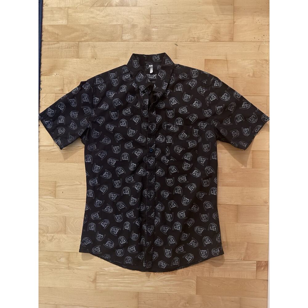 STRAIGHT TO HELL Leather Jacket Print Short Sleeve Black Collared Shirt M
